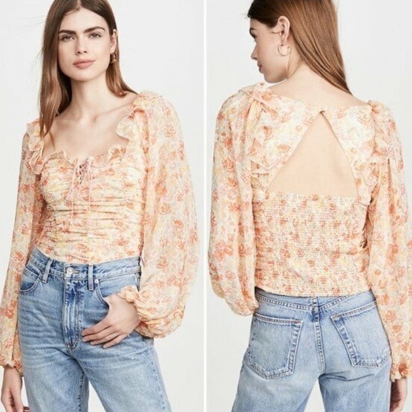 Free People Mabel Printed Blouse Spring Combo Orange Floral Print Peasant large - Picture 9 of 10